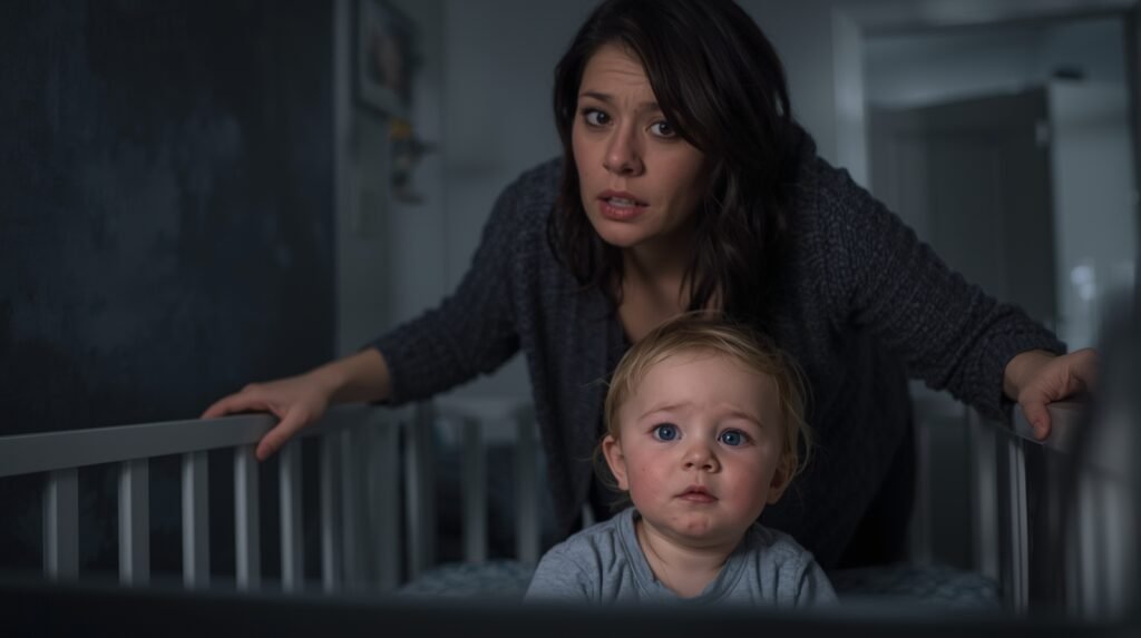 Mother calmly checking her toddler who feels warm during the night