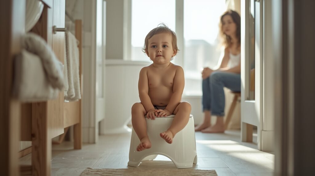 How to get toddler to poop on potty using a calm, supportive potty training setup with proper foot support.