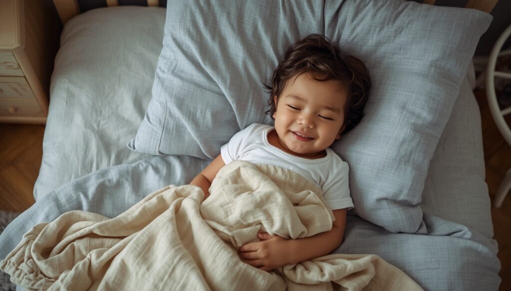Toddler gradually introduced to a blanket during a daytime nap.