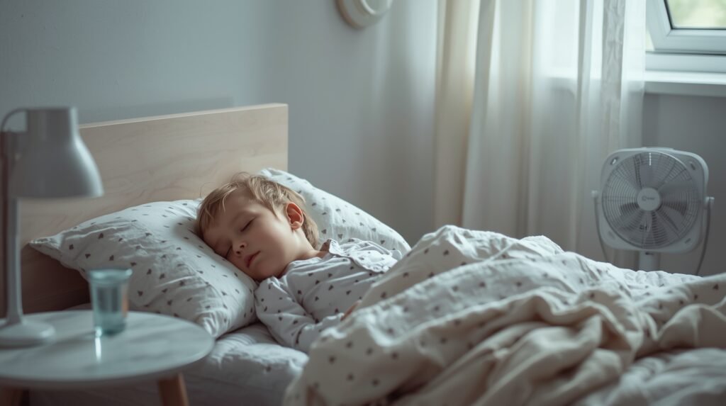 Comfortable toddler sleep environment with light pajamas, airflow, and hydration nearby