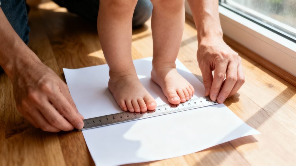 Parent measuring toddler foot length accurately for a toddler shoe size chart by age in cm