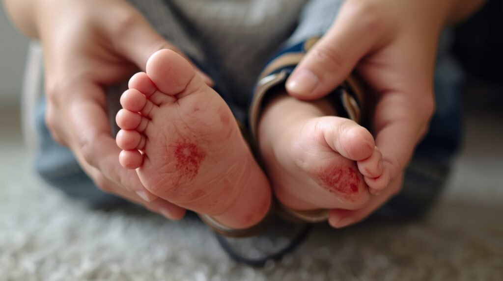 Red toe marks indicating shoes are too small based on toddler shoe size chart by age in cm