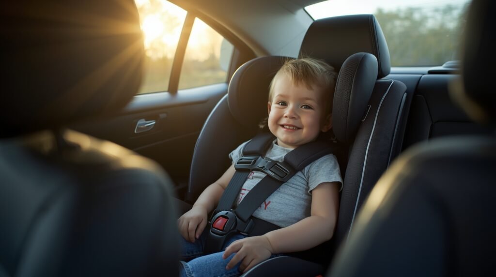 toddler sitting calmly in car seat after a short drive