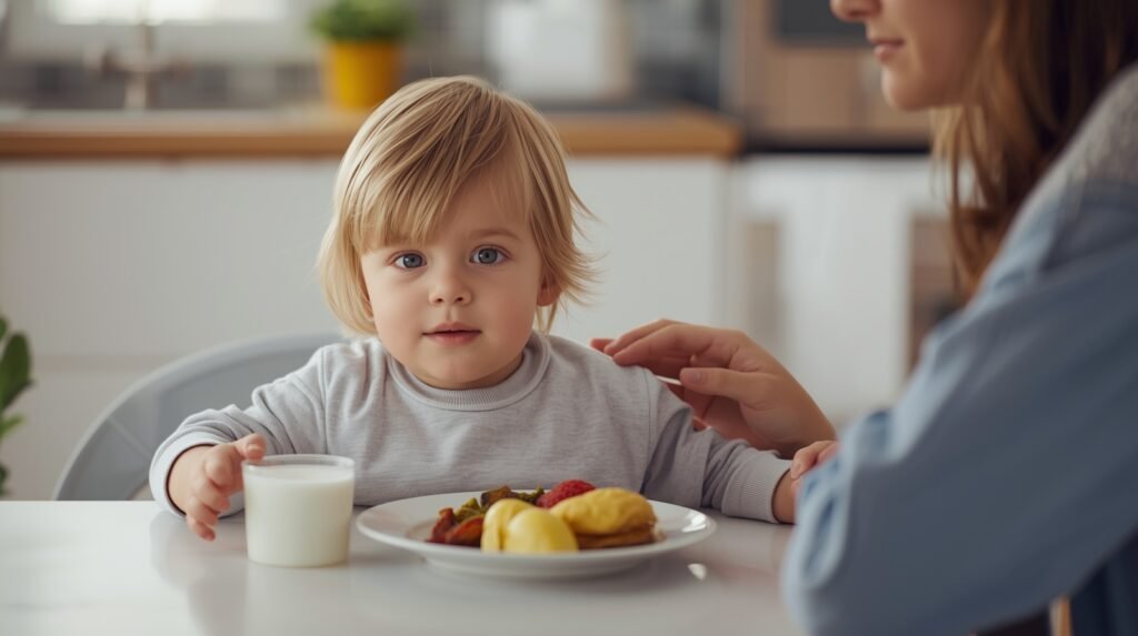 toddler sitting at dining table after eating too quickly