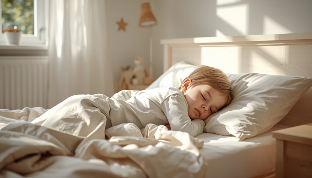 Toddler sleeping comfortably without a blanket, illustrating safe room temperature.