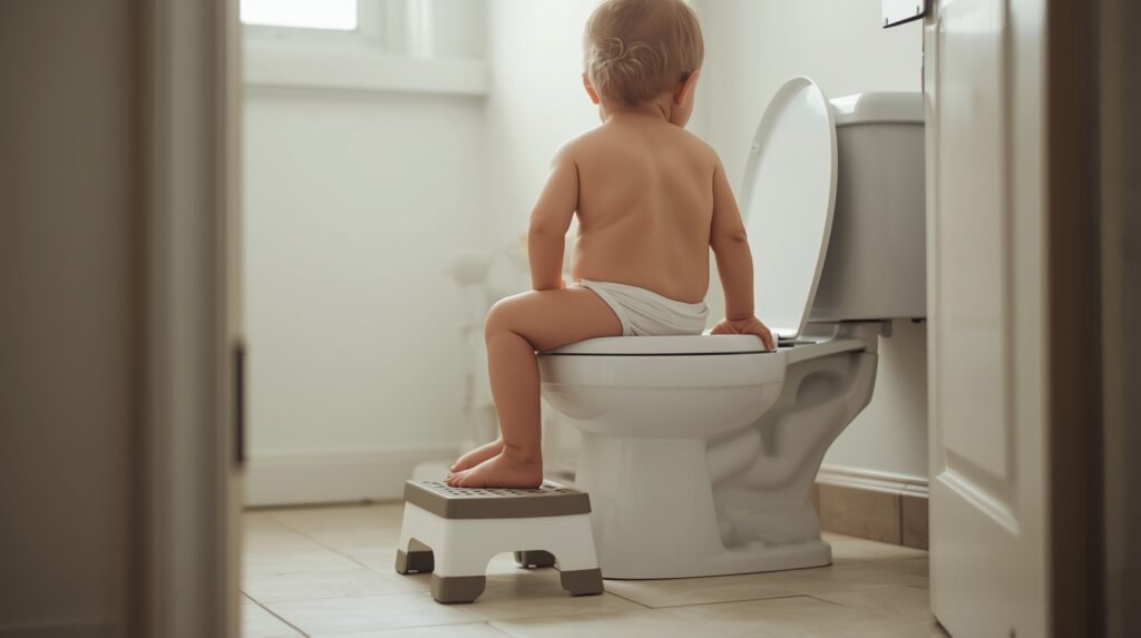 Correct body position showing how to get toddler to poop on potty with proper foot support.