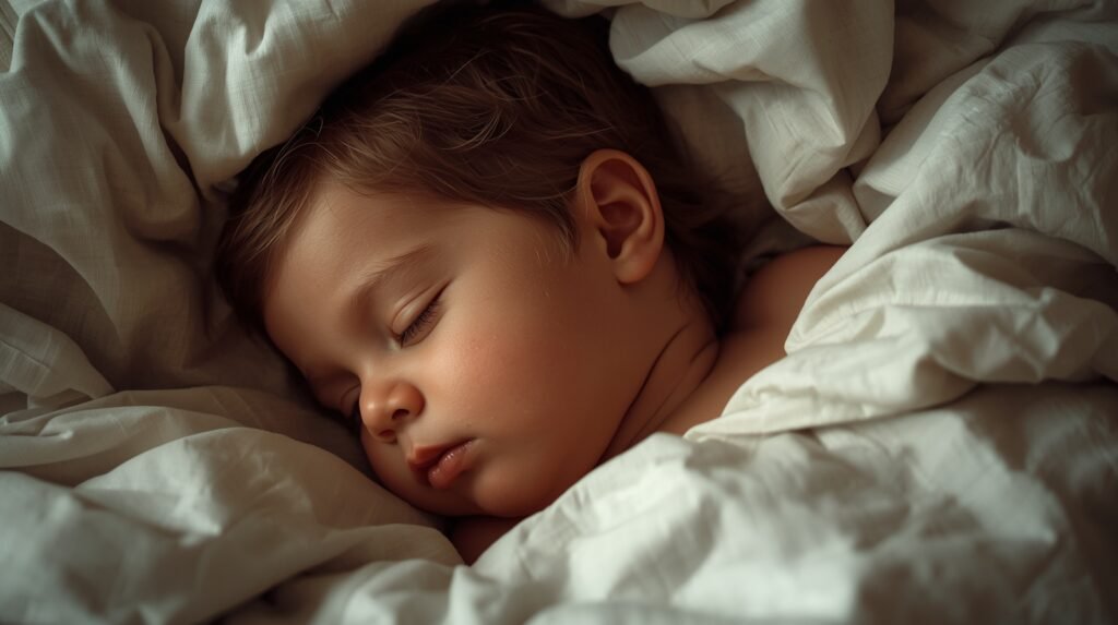 Toddler sleeping deeply under light bedding with visible warmth during nighttime rest