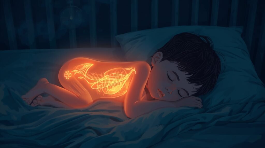 Toddler sleeping at night showing natural body temperature changes during deep sleep