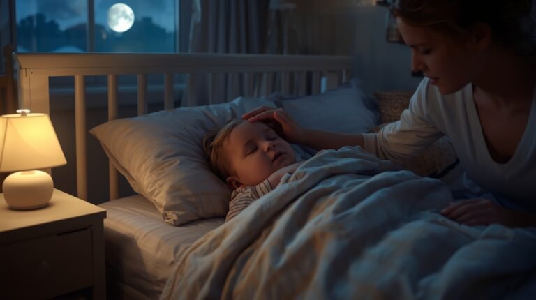 Toddler fever at night gone in morning, showing a peaceful toddler sleeping at night while a parent gently checks their temperature