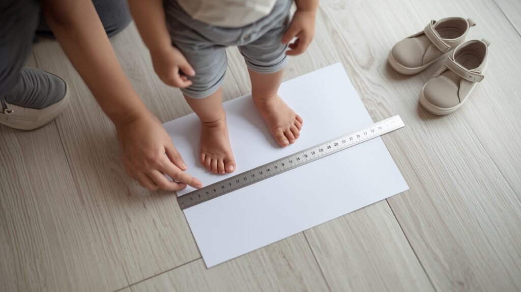 Parent accurately measuring a toddler’s foot for a toddler shoe size chart by age in cm