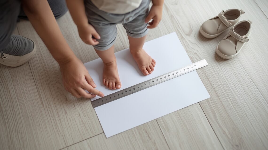 Parent accurately measuring a toddler’s foot for a toddler shoe size chart by age in cm