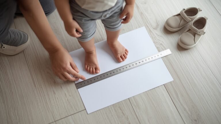 Parent accurately measuring a toddler’s foot for a toddler shoe size chart by age in cm