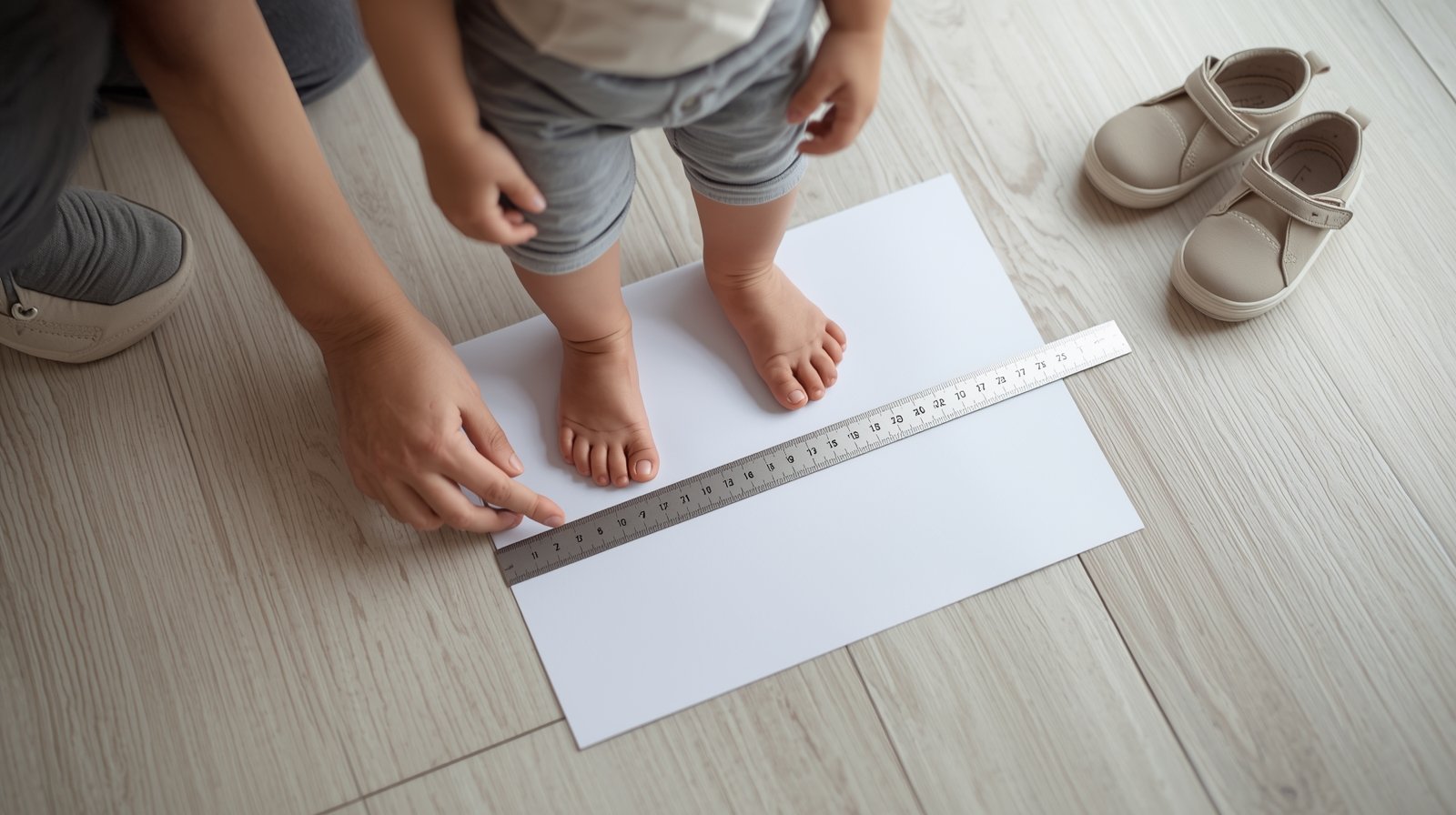 Parent accurately measuring a toddler’s foot for a toddler shoe size chart by age in cm