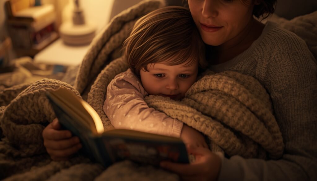 Toddler emotionally attached to a blanket while reading a bedtime story.
