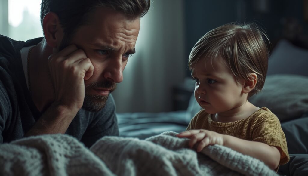 A parent considering when can toddler sleep with blanket while the toddler points at a blanket.