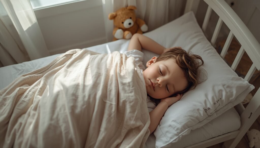 Toddler sleeping safely with a thin blanket, showing when can toddler sleep with blanket according to pediatric guidance.