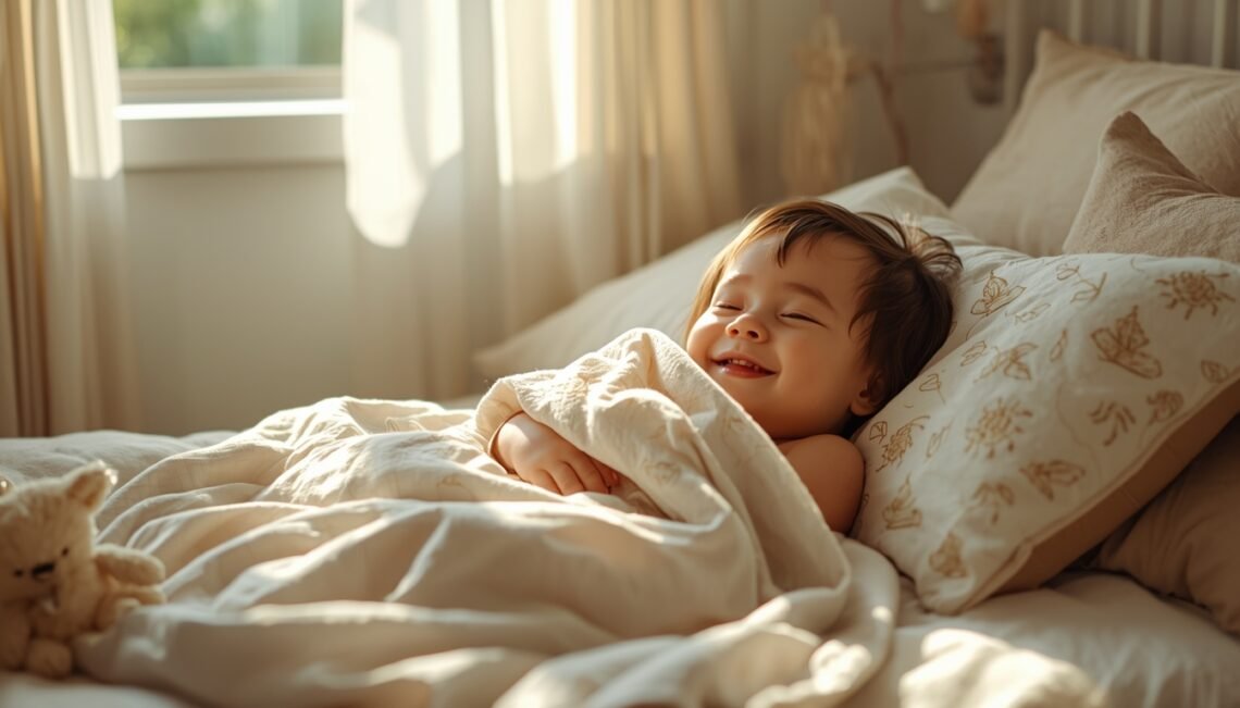 Image of a toddler sleeping safely with a blanket in a cozy bedroom, illustrating when can toddler sleep with blanket.