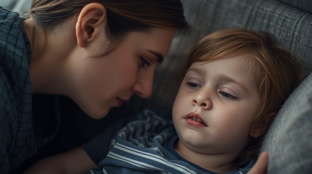 parent closely monitoring toddler for signs of discomfort