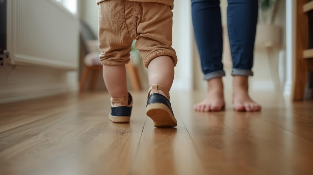 Toddler wearing ill-fitting shoes highlighting the need for a toddler shoe size chart by age in cm