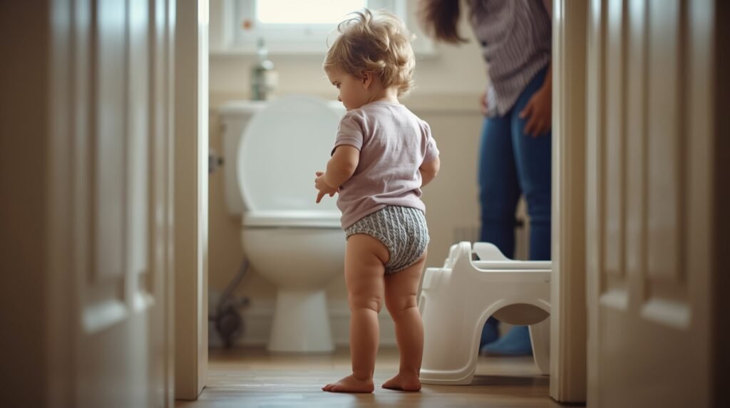 Toddler feeling hesitant and anxious while learning how to get toddler to poop on potty without pressure.