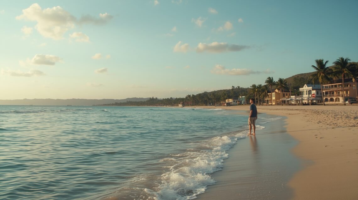 cheap beautiful places to travel without a passport showing a peaceful tropical coastline with clear water, soft sunlight, and a relaxed travel atmosphere