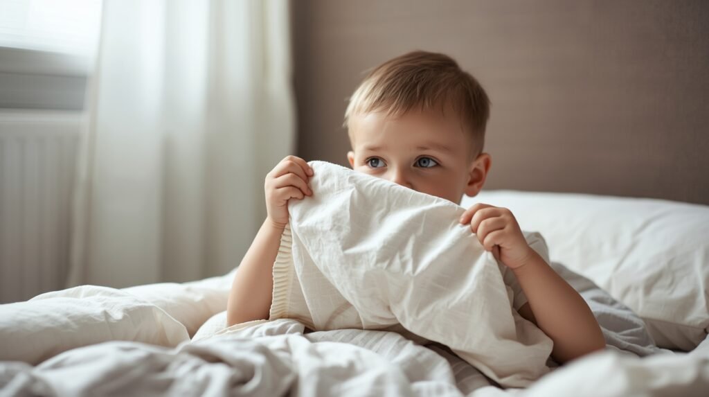 Toddler sitting up in bed and pushing a blanket away independently