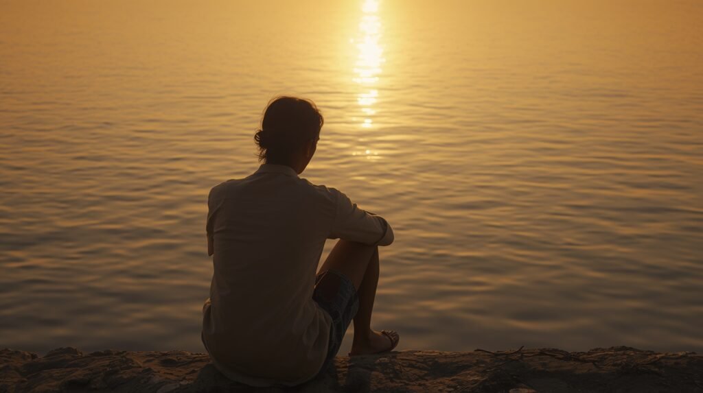 a quiet reflective moment by the water during sunset