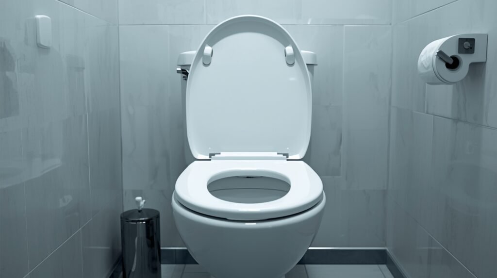 Clean and dry public restroom toilet seat shown in a hygienic and well-lit environment
