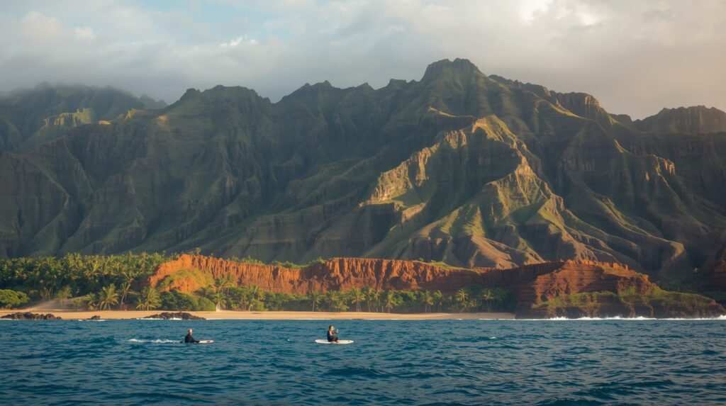 cheap beautiful places to travel without a passport showing Hawaiian mountains, ocean waves, and surfers at rest