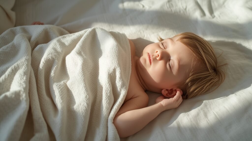 Toddler napping with a light blanket placed safely below the chest