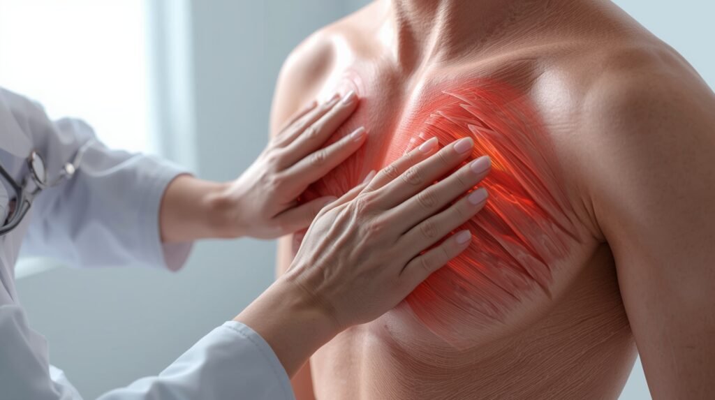 Healthcare provider examining a patient’s chest wall, demonstrating assessment for Chest wall pain ICD 10 coding.