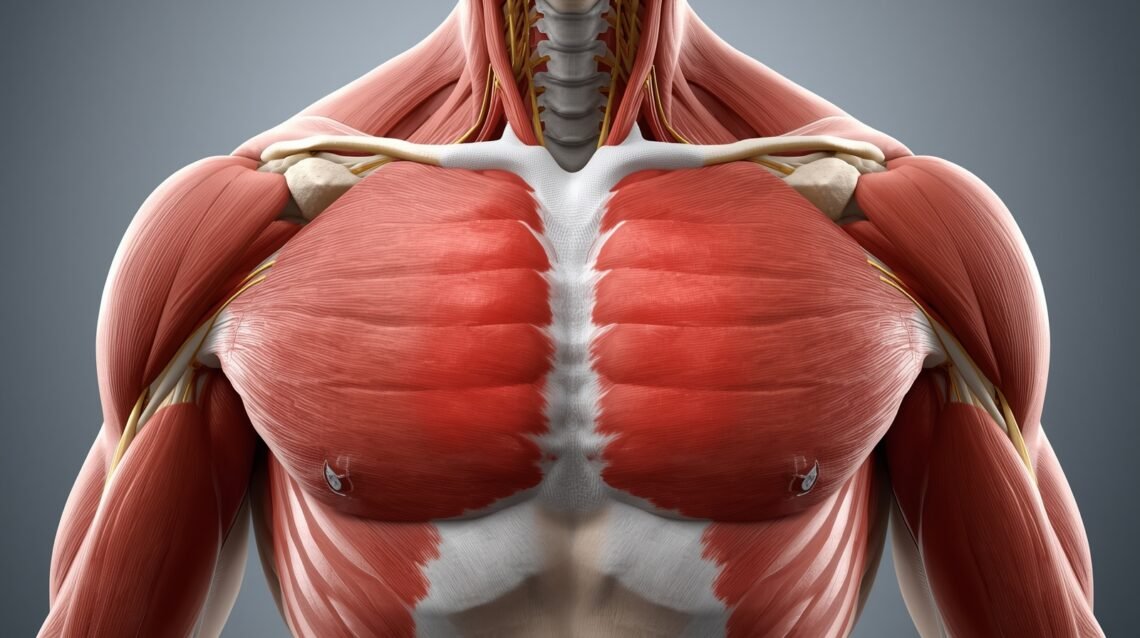 Medical illustration of the human chest wall highlighting areas affected by Chest wall pain ICD 10, showing muscles, ribs, and intercostal nerves in realistic detail.