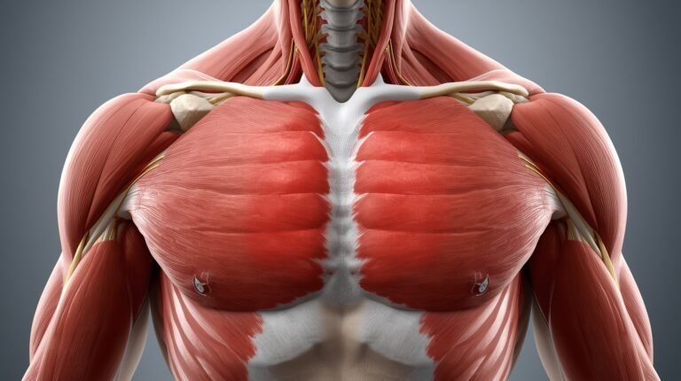 Medical illustration of the human chest wall highlighting areas affected by Chest wall pain ICD 10, showing muscles, ribs, and intercostal nerves in realistic detail.
