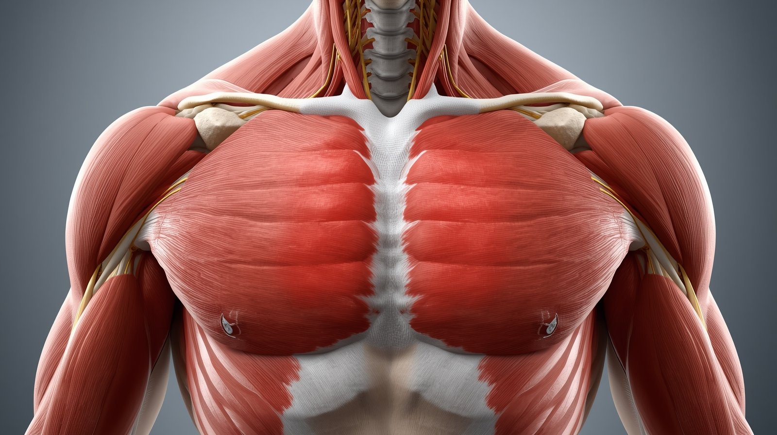 Medical illustration of the human chest wall highlighting areas affected by Chest wall pain ICD 10, showing muscles, ribs, and intercostal nerves in realistic detail.