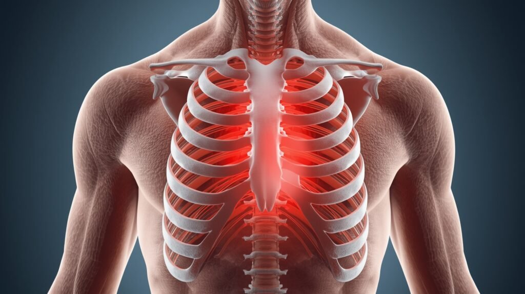 Detailed anatomical view of the human chest showing muscles, ribs, and cartilage, illustrating Chest wall pain ICD 10 for medical coding.