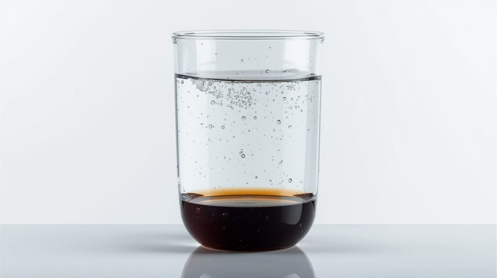 Illustration of a denser liquid sinking below water, demonstrating how density affects whether a liquid floats or sinks