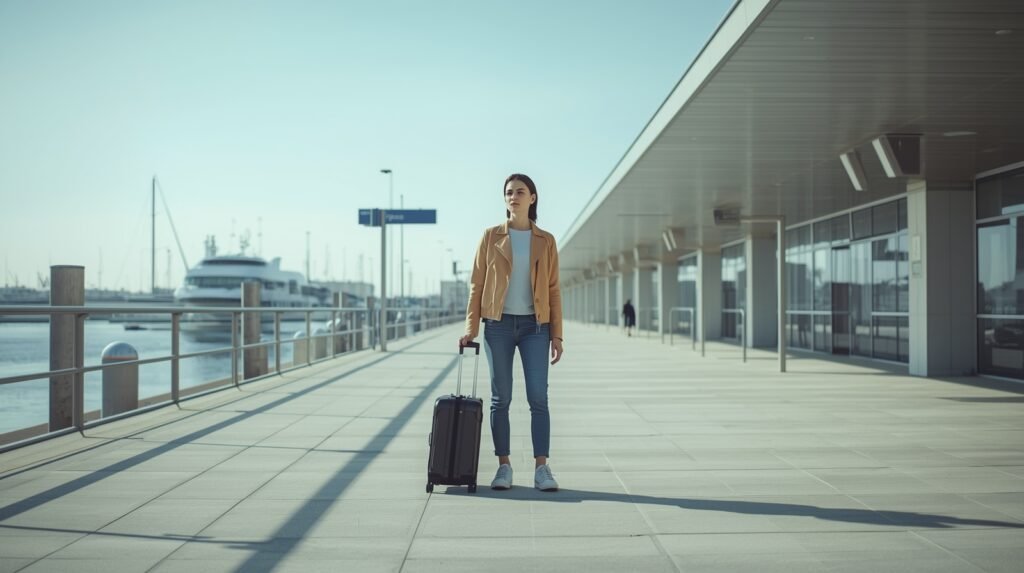 a relaxed traveler with minimal luggage in a calm and open travel setting