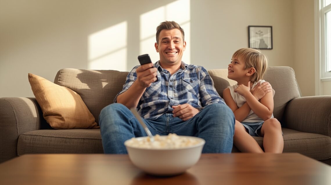 10 ways to prank your dad featured image showing a smiling father confused by a frozen cereal bowl and a non-working TV remote in a playful family living room