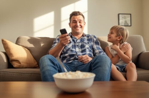 10 ways to prank your dad featured image showing a smiling father confused by a frozen cereal bowl and a non-working TV remote in a playful family living room