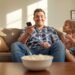 10 ways to prank your dad featured image showing a smiling father confused by a frozen cereal bowl and a non-working TV remote in a playful family living room