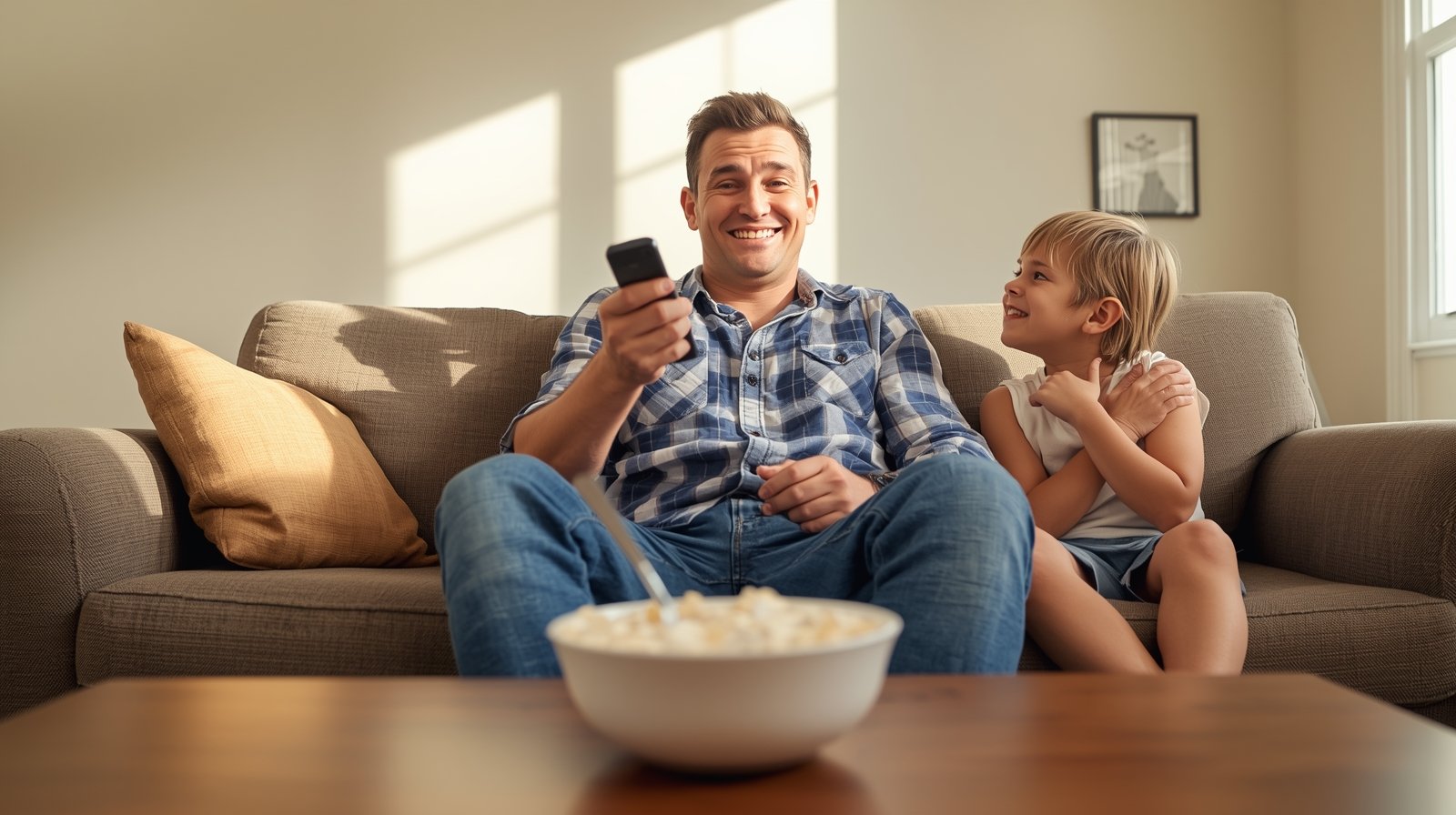 10 ways to prank your dad featured image showing a smiling father confused by a frozen cereal bowl and a non-working TV remote in a playful family living room