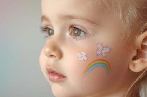 Beginner easy face painting ideas for cheeks showing simple heart, flower, butterfly, and rainbow designs painted naturally on a child’s cheek using beginner-friendly techniques