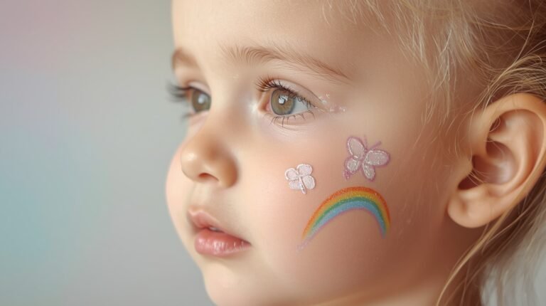 Beginner easy face painting ideas for cheeks showing simple heart, flower, butterfly, and rainbow designs painted naturally on a child’s cheek using beginner-friendly techniques