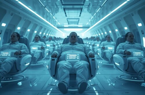 Fat People from Wall-E shown in a realistic futuristic spaceship setting, floating in automated hover chairs surrounded by advanced technology