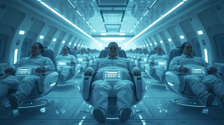 Fat People from Wall-E shown in a realistic futuristic spaceship setting, floating in automated hover chairs surrounded by advanced technology