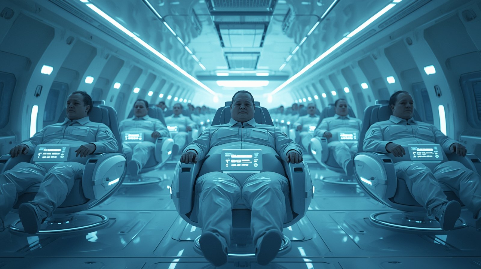 Fat People from Wall-E shown in a realistic futuristic spaceship setting, floating in automated hover chairs surrounded by advanced technology