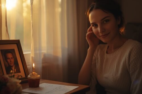 daughter remembering dad on his birthday quotes while holding his photo beside a candle and cupcake in a soft golden hour setting