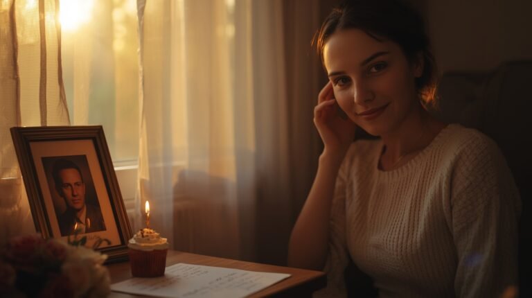 daughter remembering dad on his birthday quotes while holding his photo beside a candle and cupcake in a soft golden hour setting