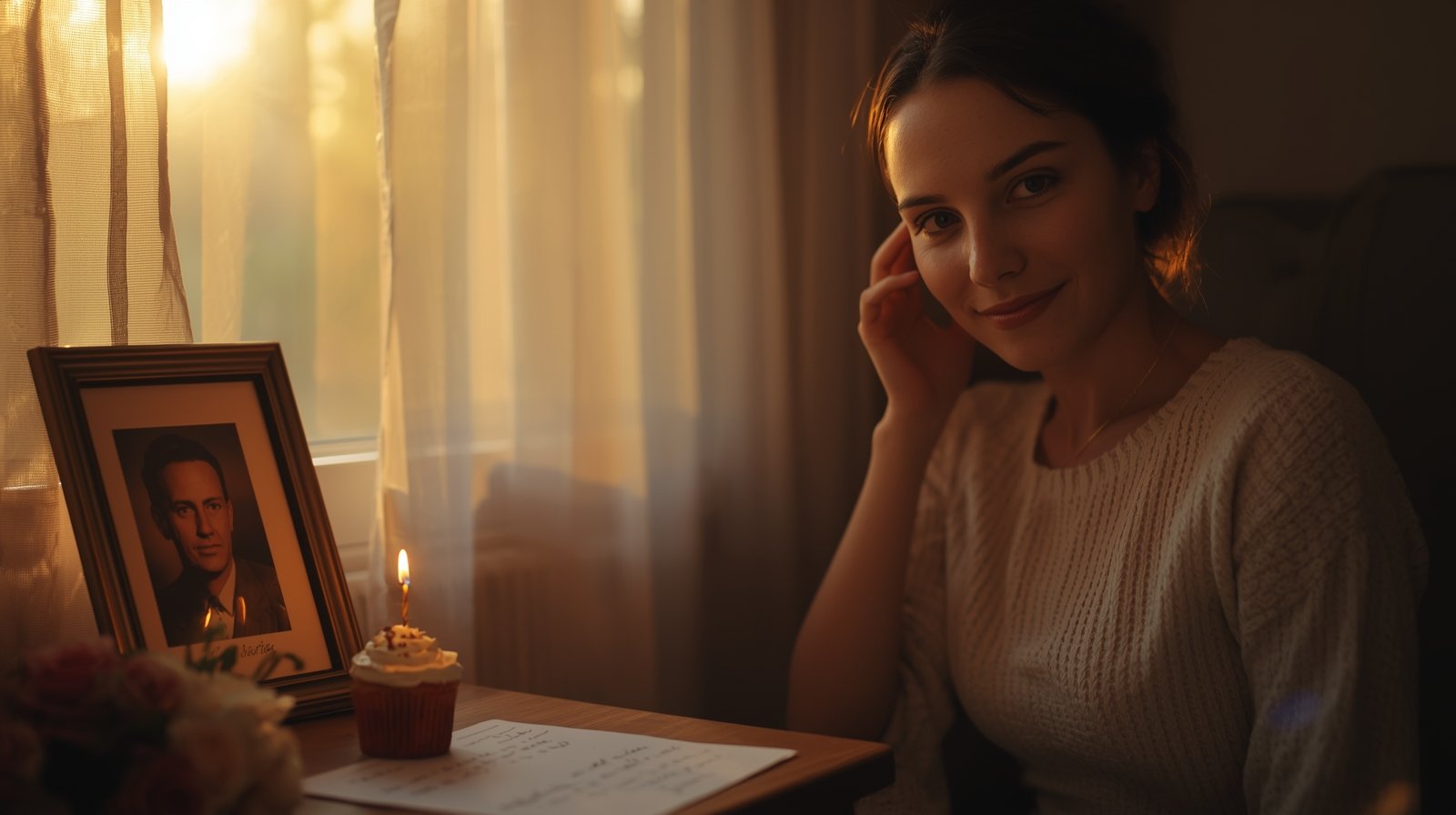 daughter remembering dad on his birthday quotes while holding his photo beside a candle and cupcake in a soft golden hour setting