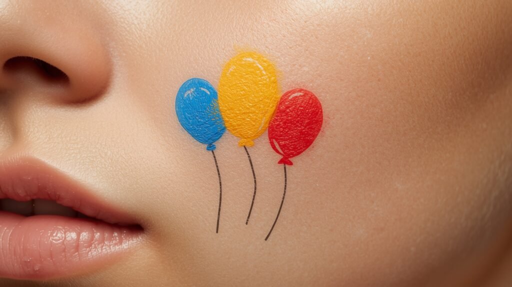 Small cluster of colorful balloon face paintings on a cheek.